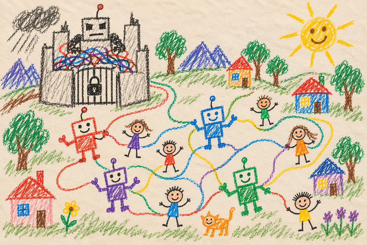 閉じた門の外で、人々とロボットが自由につながる横長のクレヨン画